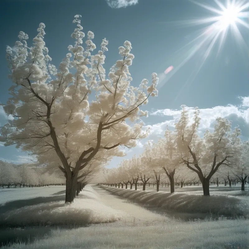 Rows of white trees stand in a field under a bright blue sky with strong sunlight flaring from the upper right.