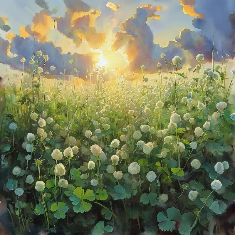 A field of white clover flowers stretches under a dramatic sky where golden sunlight bursts through dark clouds.