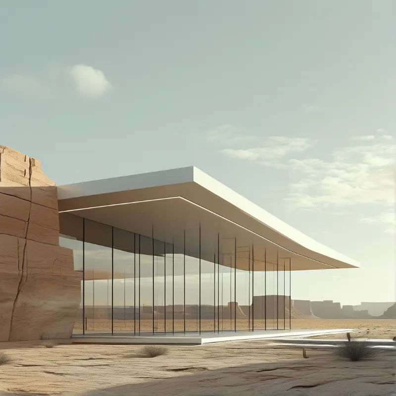 Contemporary glass structure nestled beside a sandstone cliff in an expansive desert under a pale blue sky