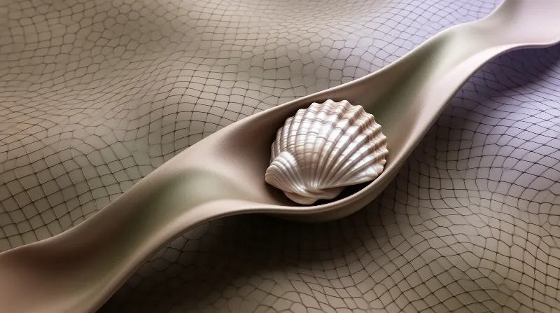 A ridged cream scallop shell sits inside a soft wave of fabric above a netted honeycomb ground