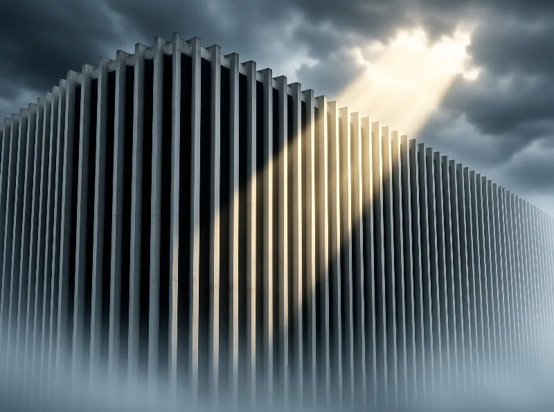 Tall concrete fins curve in an arc while a shaft of sunlight breaks through dark storm clouds above fog.
