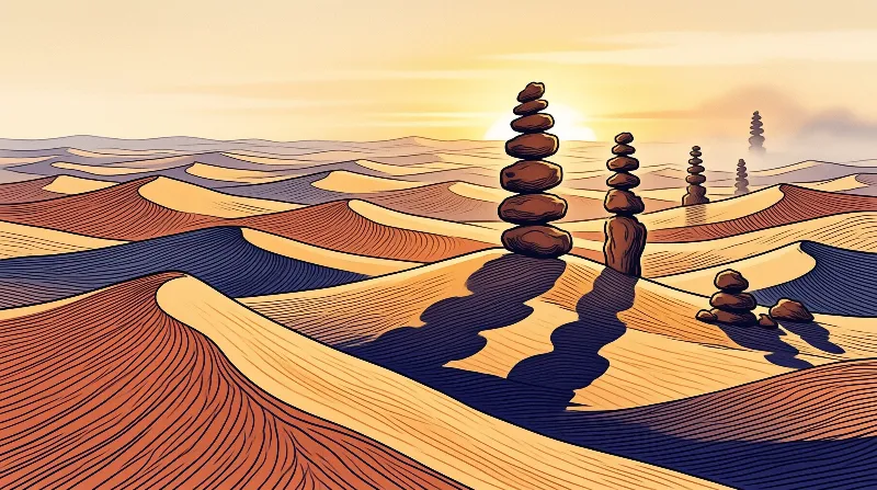 Stylized artwork showing stacked stone cairns on rolling desert dunes casting long shadows under warm light.