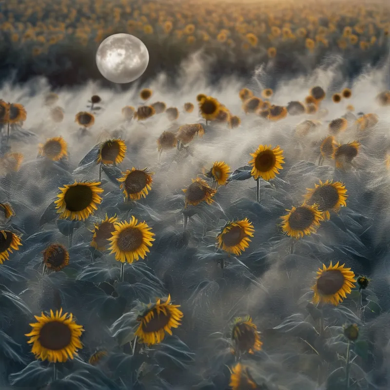 A dense patch of yellow flowers sways within a dreamy foggy meadow while a bright sphere hangs overhead.