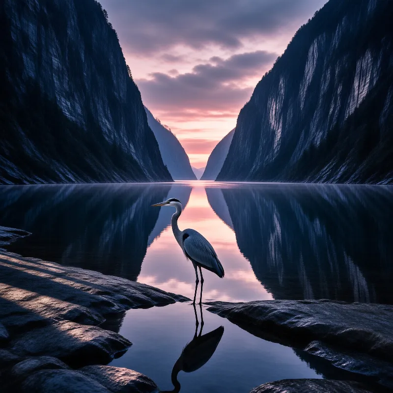 A great blue heron stands in calm water between dark cliffs as a pink sunset reflects across the narrow fjord.