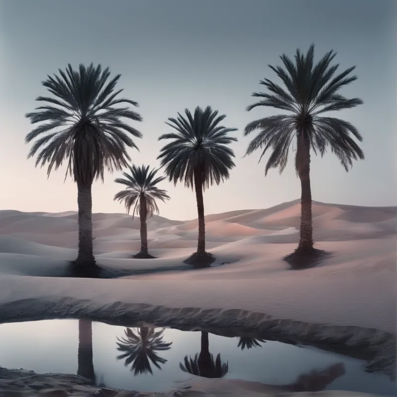 Four palm trees stand in sand dunes their reflections mirrored in a foreground pool under a soft gradient sky