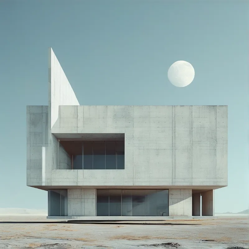A board marked concrete house with a tall angled fin wall sits on pale salt ground beneath a round daytime moon.