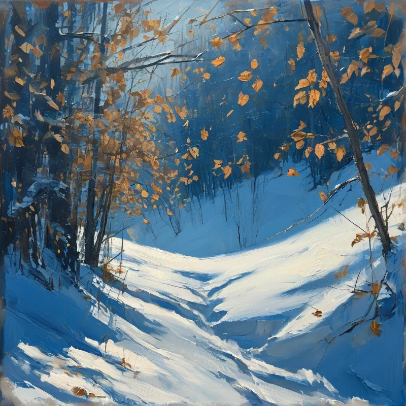 A thick snowbank slopes through a blue-toned woods where hanging golden foliage contrasts against the bright winter sunlight.