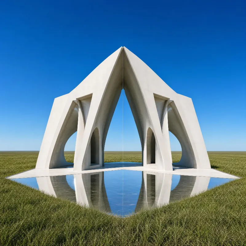 A large concrete monument stands in an open grassy field under a clear blue sky, with a reflective pool at its base mirroring the structure and sky.
