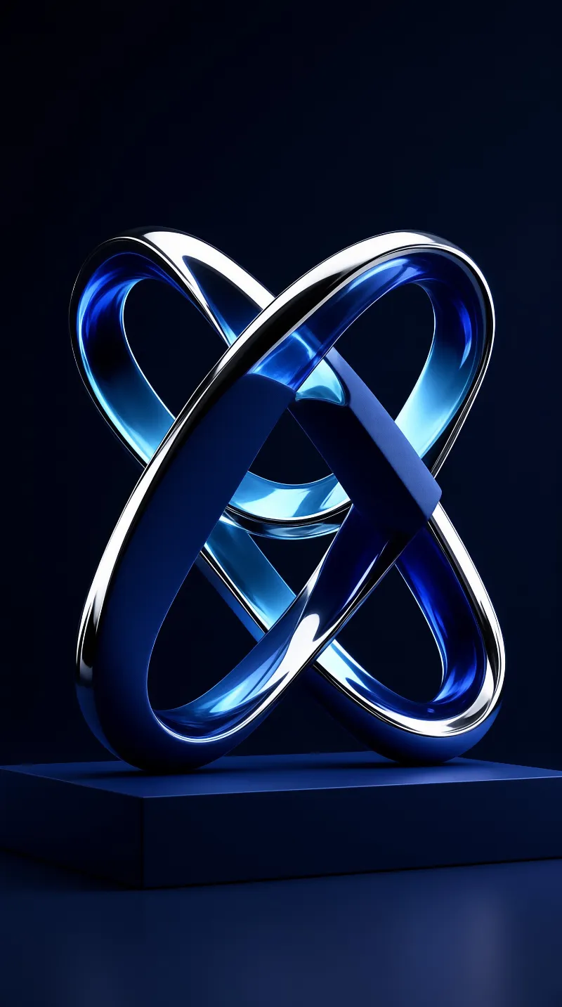 Polished metal rings interlace with translucent cobalt volumes above a matte plinth set against a deep midnight backdrop.