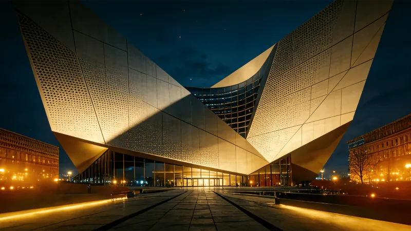 Cultural Center with Parametric Facade — Night With Warm Lights