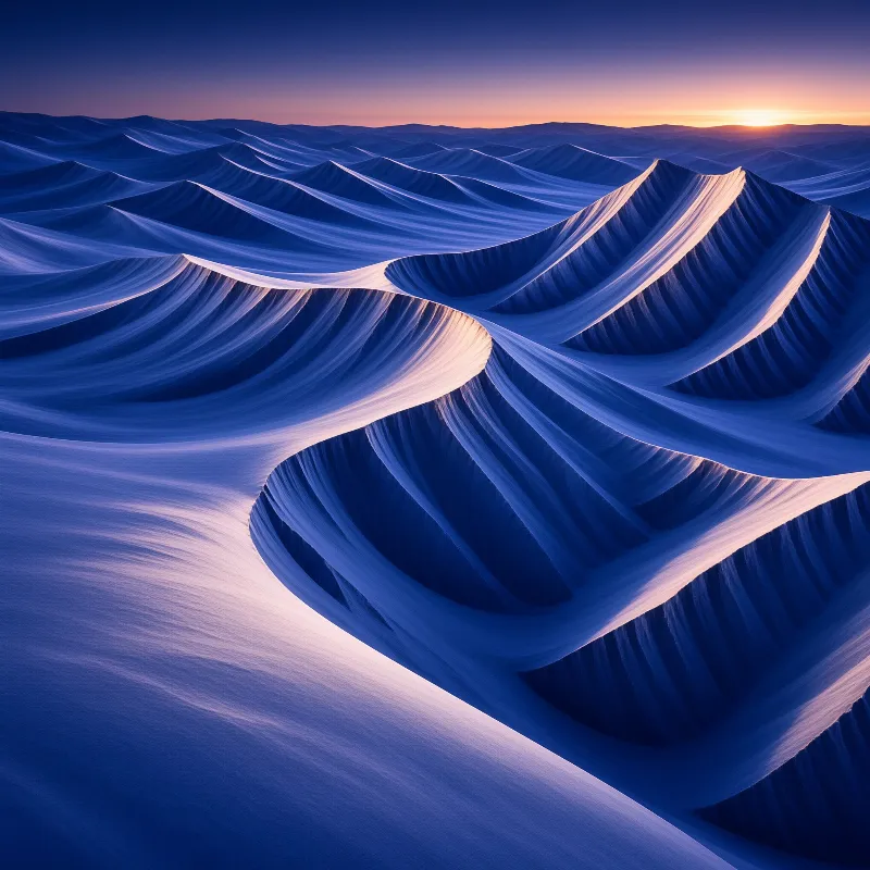 Undulating blue sand dunes catch the warm light of a setting sun on the distant horizon.