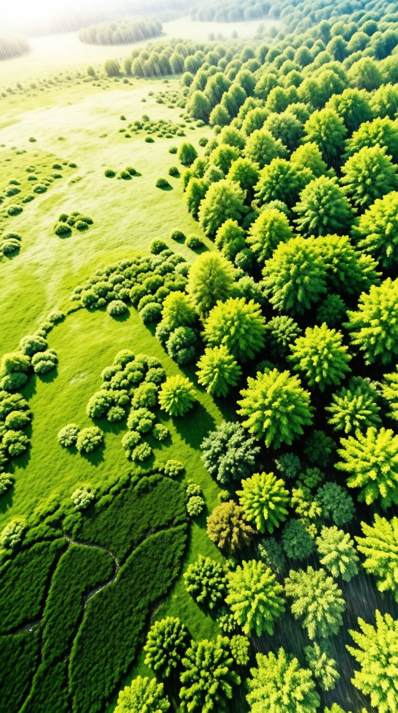 An aerial view of a vibrant green landscape with scattered trees and bushes across rolling hills under bright sunlight.