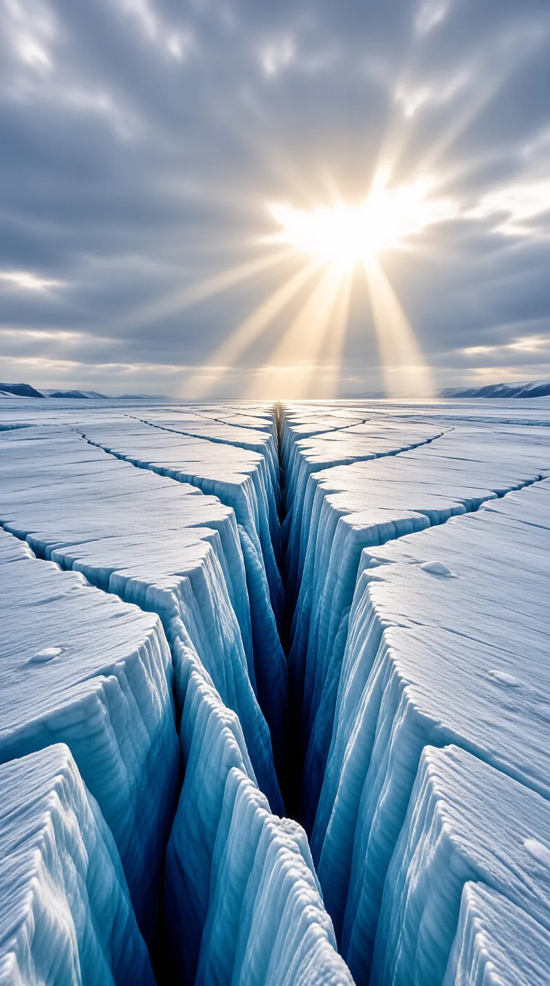 Deep blue crevasses split the frozen surface as golden sun rays shine through clouds over a distant sky.
