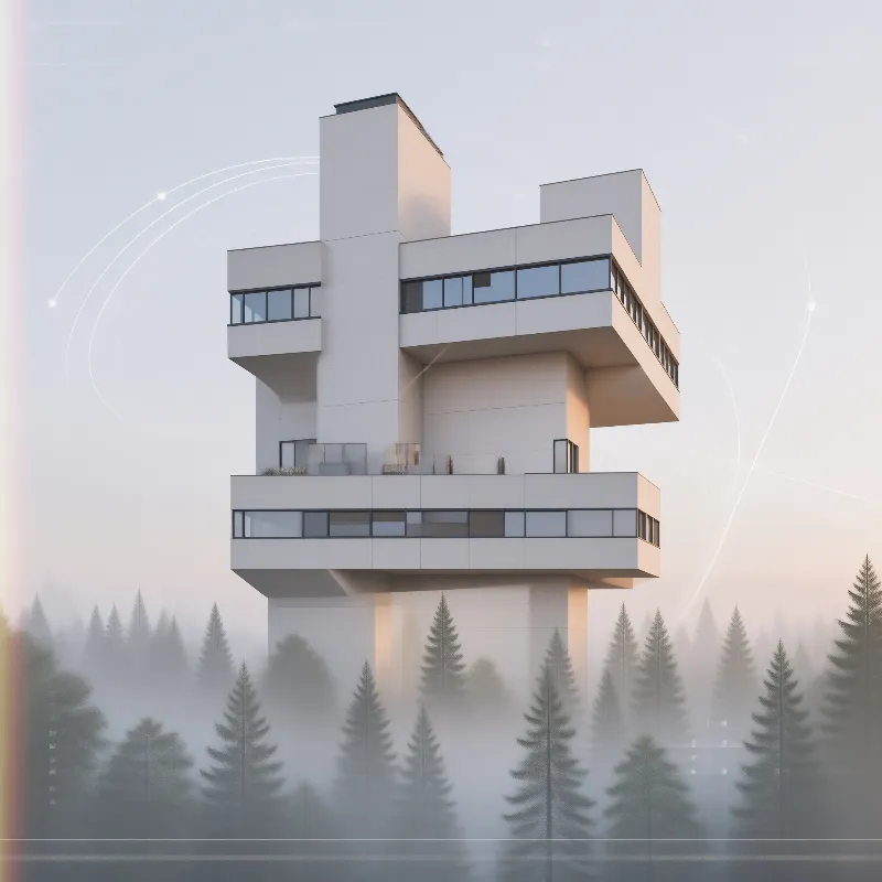 Modern Tower in Misty Forest