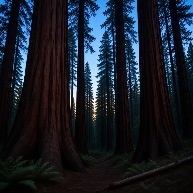 A dark path winds through massive vertical trunks as the last light fades into a deep blue evening sky above the canopy.