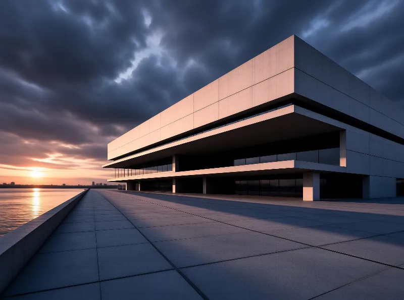 A minimalist concrete structure stands beside a calm lake during a dramatic sunset with dark clouds overhead.