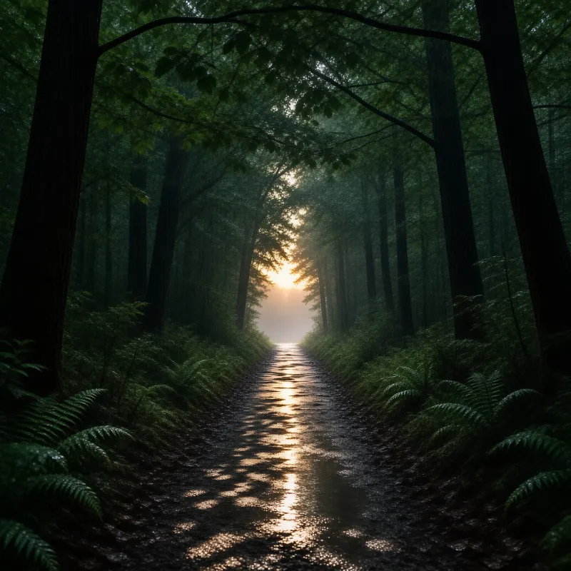A narrow forest path glistens with reflected golden light as the sun sets between tall dark trees lined with ferns.