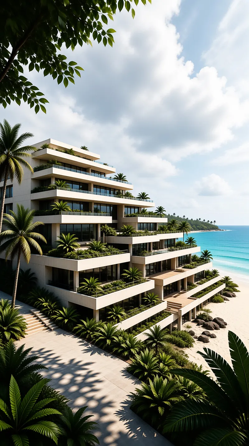 A white stepped resort planted with palms rises above a sandy beach beside a calm turquoise sea under a bright sky.