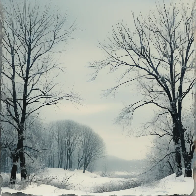 A pair of dark leafless trees frames a snowy clearing with distant woods under a soft overcast sky.