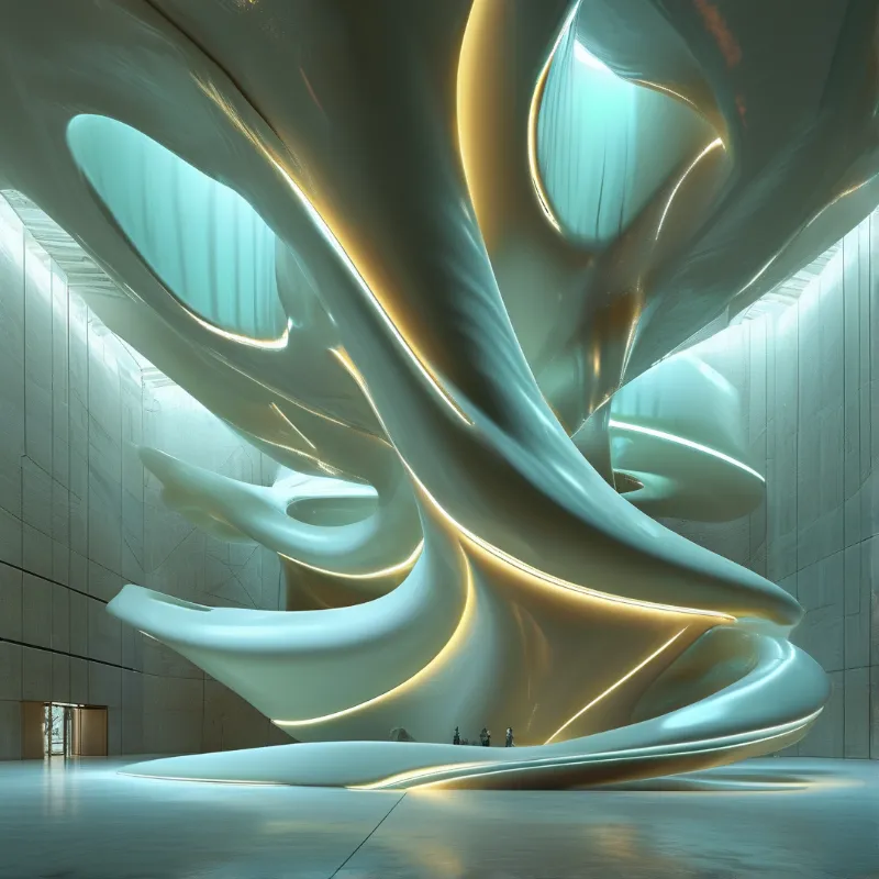 Enormous flowing white forms fill a spacious hall illuminated by warm internal glow.