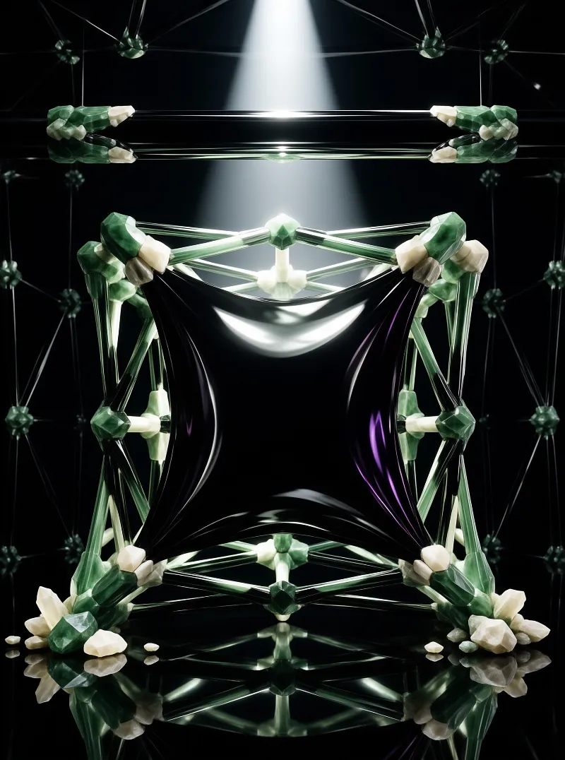 Geometric emerald crystal lattice is illuminated by a top down beam, reflected on a black surface below it.