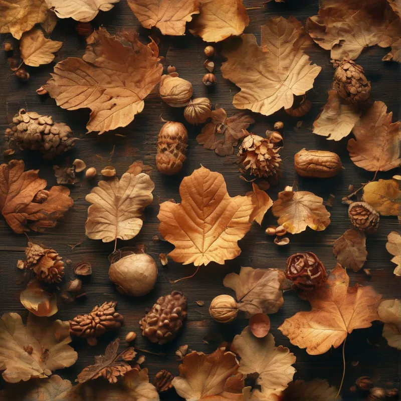 Dried brown leaves and various nuts scattered across a dark wooden surface under soft warm lighting.