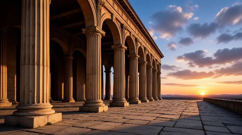 Tall stone columns form a long archway as golden sunlight illuminates the paved courtyard and distant horizon.