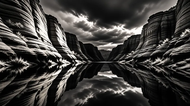 A dramatic monochrome gorge mirrors its layered rock walls and brooding clouds in a glassy river.