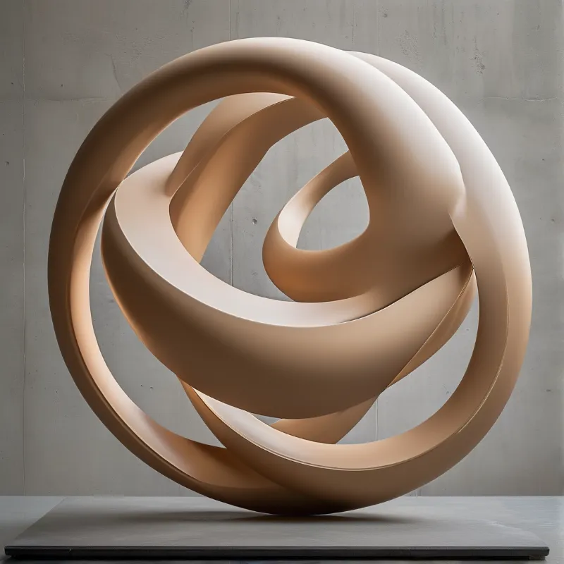 Smooth polished beige metal torus knot sits on a dark plinth against a plain rough concrete wall with soft natural light.
