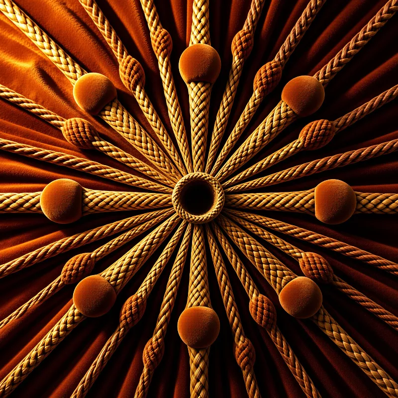 Thick braided cords with round caps extend outward from a central loop against a pleated brown background.