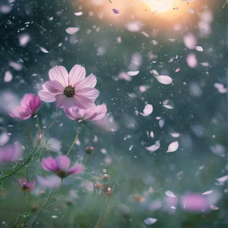 Pink cosmos flowers are lit by warm sunlight while loose petals drift through the air against soft green foliage