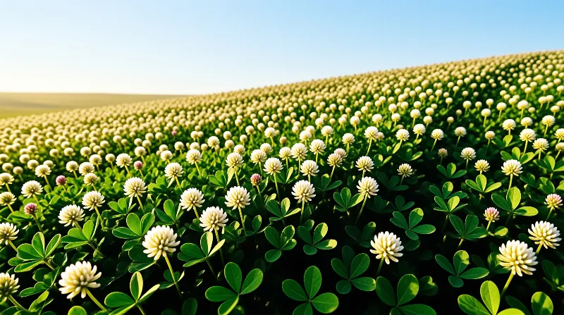 White clover blossoms cover a green field that extends to the horizon beneath a warm sunlit sky.