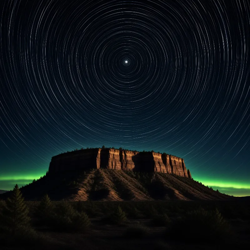A rocky mesa stands beneath spiraling star trails and a vibrant green aurora illuminating the horizon line.