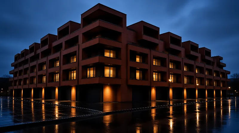 Stepped reddish apartments glow warmly against a deep blue sky with their lights mirroring on the wet ground.
