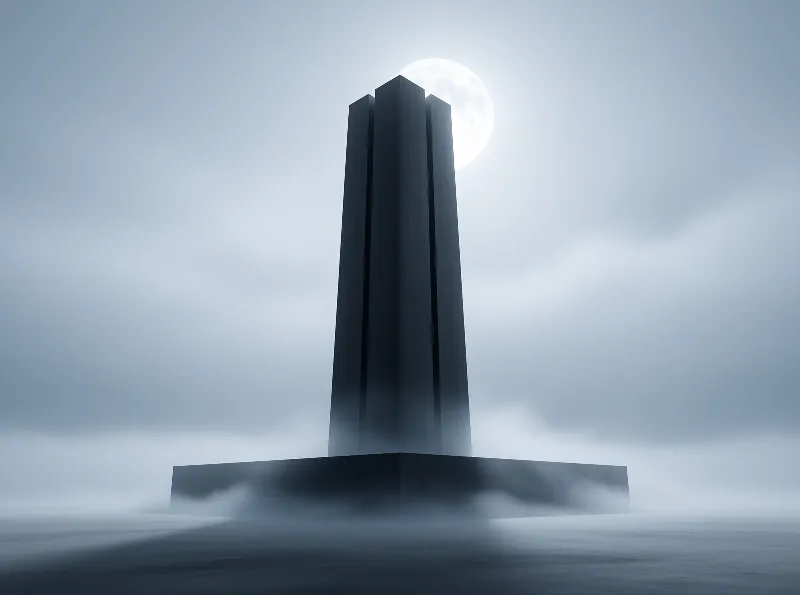 A dark geometric tower rises from a misty plain with a large moon glowing behind it.