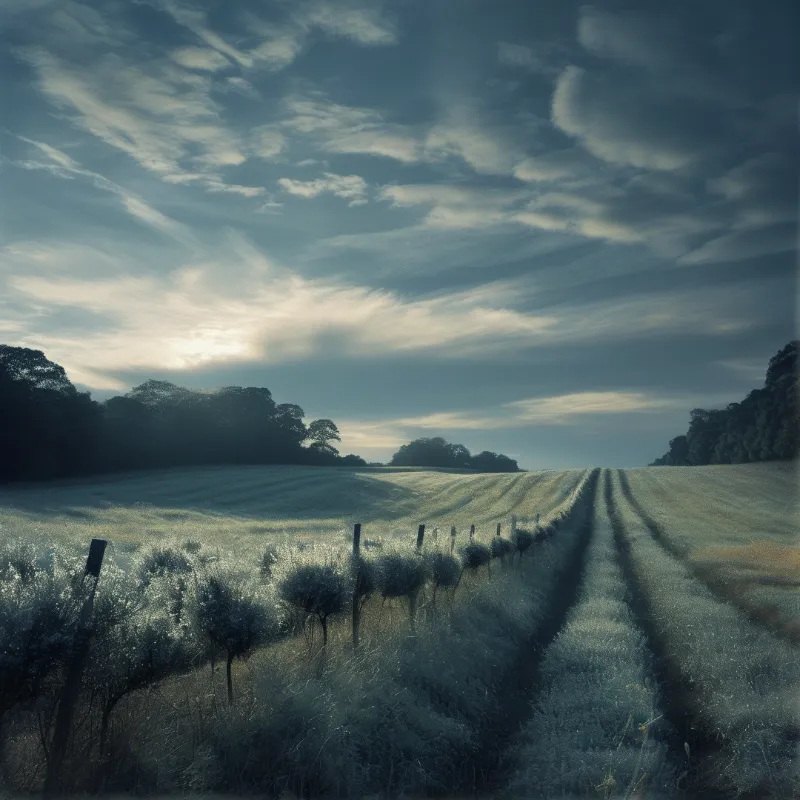 Frost covered open farmland rows run to a distant treeline as pale dawn light filters through scattered overhead clouds.