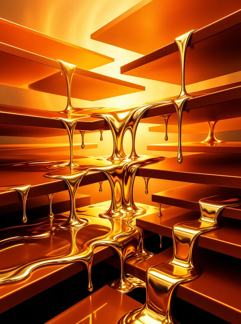 Viscous golden fluid streams down angular orange platforms under intense warm lighting