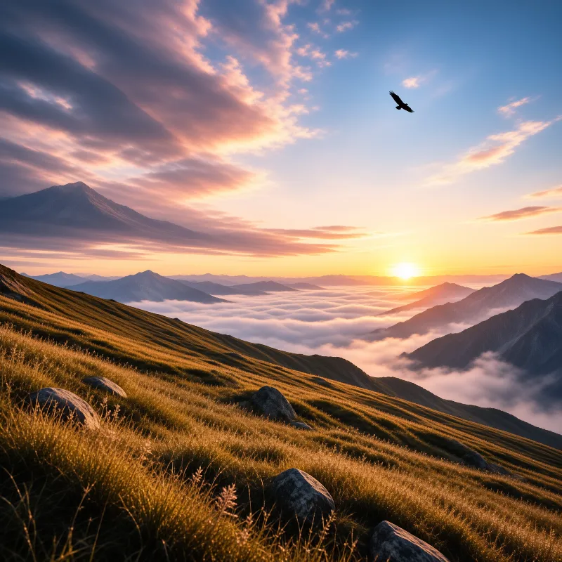 A black eagle flies through a colorful sky above golden grass and a valley filled with low clouds