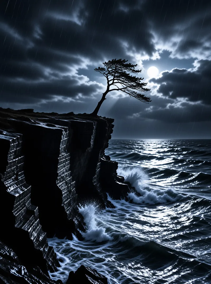 A twisted tree grows on a dark rocky cliff while waves crash below under a bright moon and heavy storm clouds.