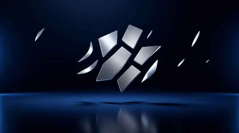 Brushed steel fragments float above a reflective dark blue surface with bright reflections.
