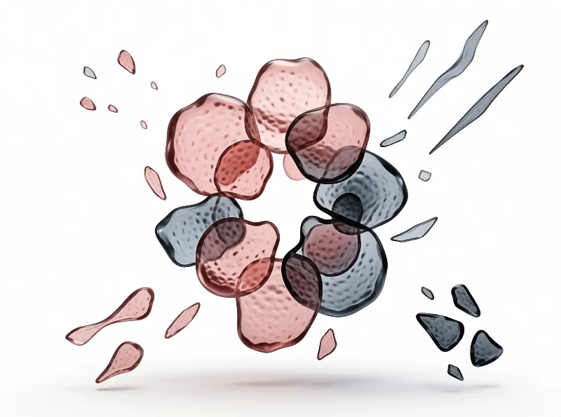 Translucent pink and blue cells burst outward, scattering gelatinous fragments across a clean white background.
