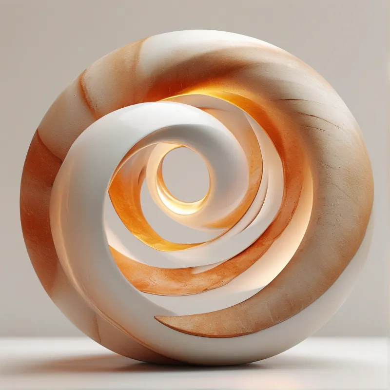 Concentric bands of pale stone curl toward a hollow core that glows amber, set on a smooth shelf against a neutral wall.