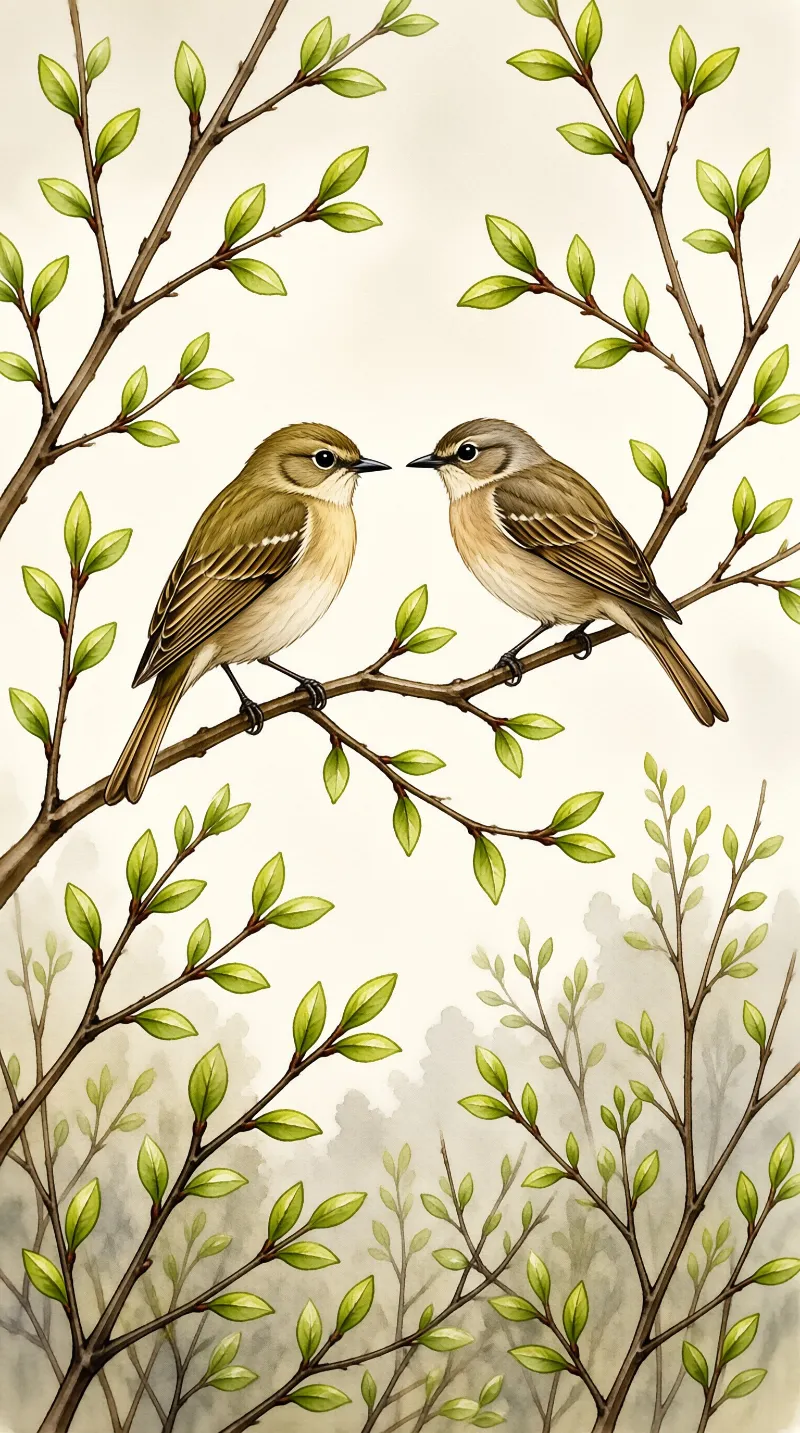 Two small brown birds sit on a branch with new green leaves facing each other in a soft watercolor style.