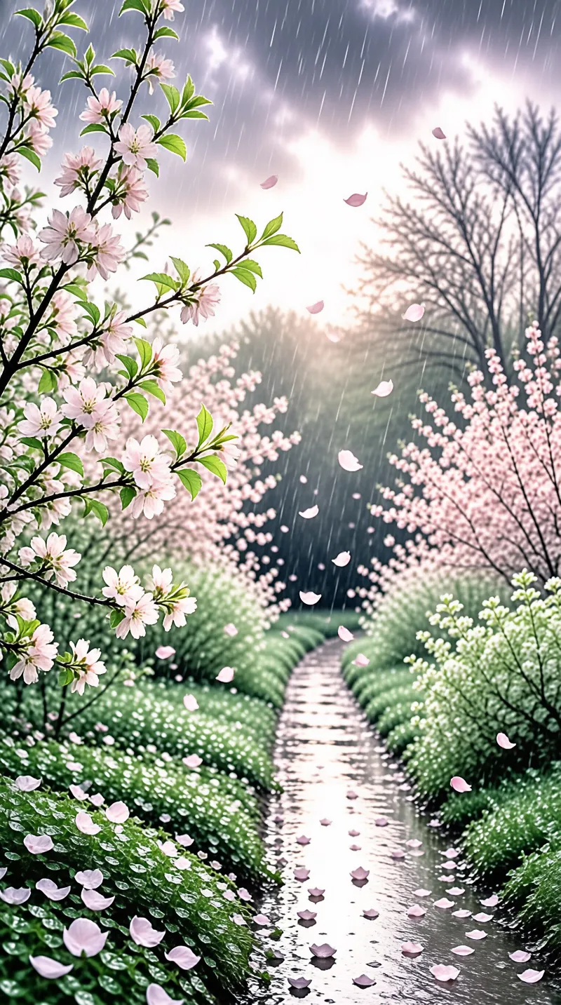 Pink blossoms line a wet path while rain falls gently over green hedges under bright skies.