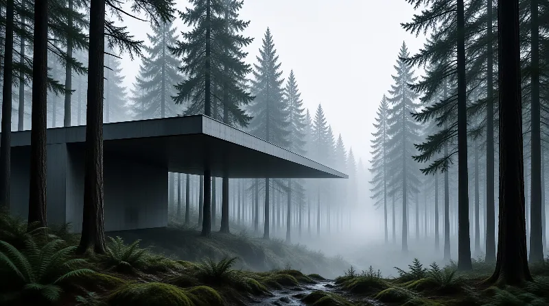 A sharp concrete structure extends over a mossy forest floor where a small stream winds through tall trees.