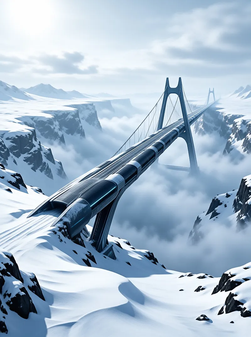 A sleek elevated track carries a bullet train across a vast suspension bridge above snow-covered cliffs.