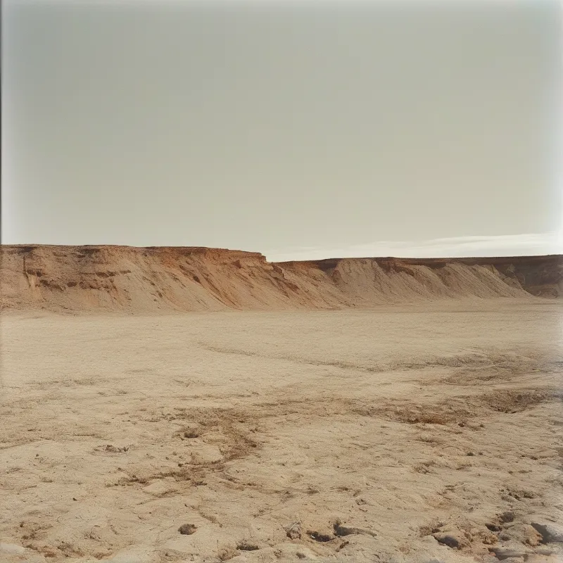 A wide sandy desert floor stretches toward a long low reddish brown cliff face beneath a hazy pale grey sky