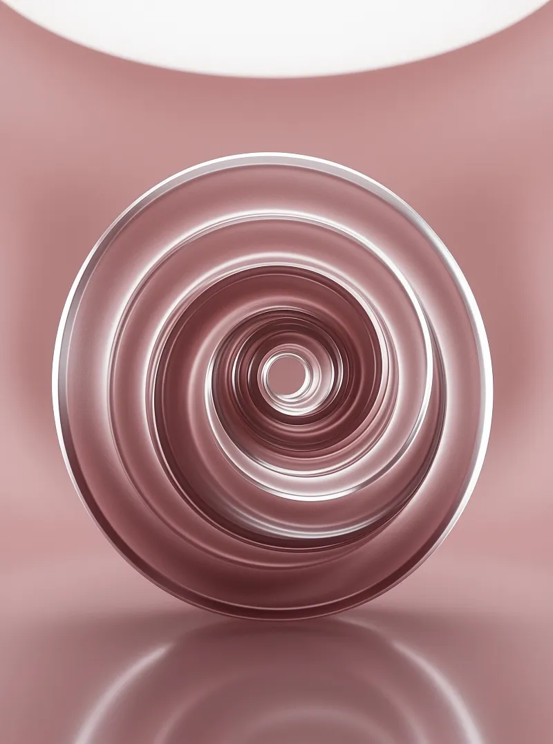 A shiny rose gold funnel shape sits against a matching pink background with concentric ridges reflecting soft light.
