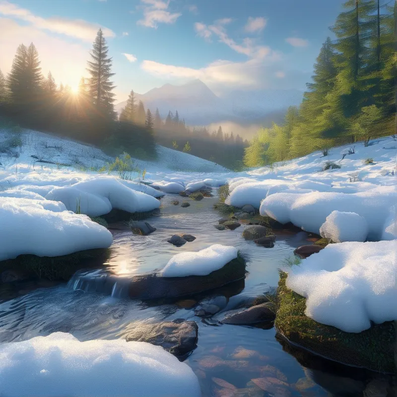 Morning sun bursts through fir trees as a shallow creek runs between rounded banks of melting snow.