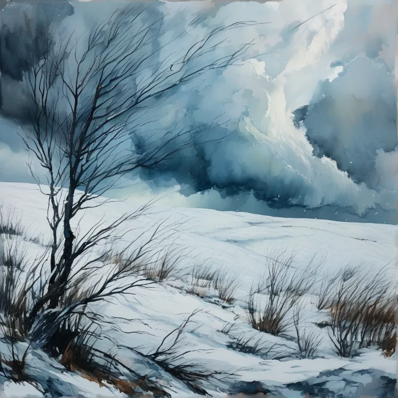 A bare tree rises from snowy ground while dramatic clouds gather in the blue sky above the hill.
